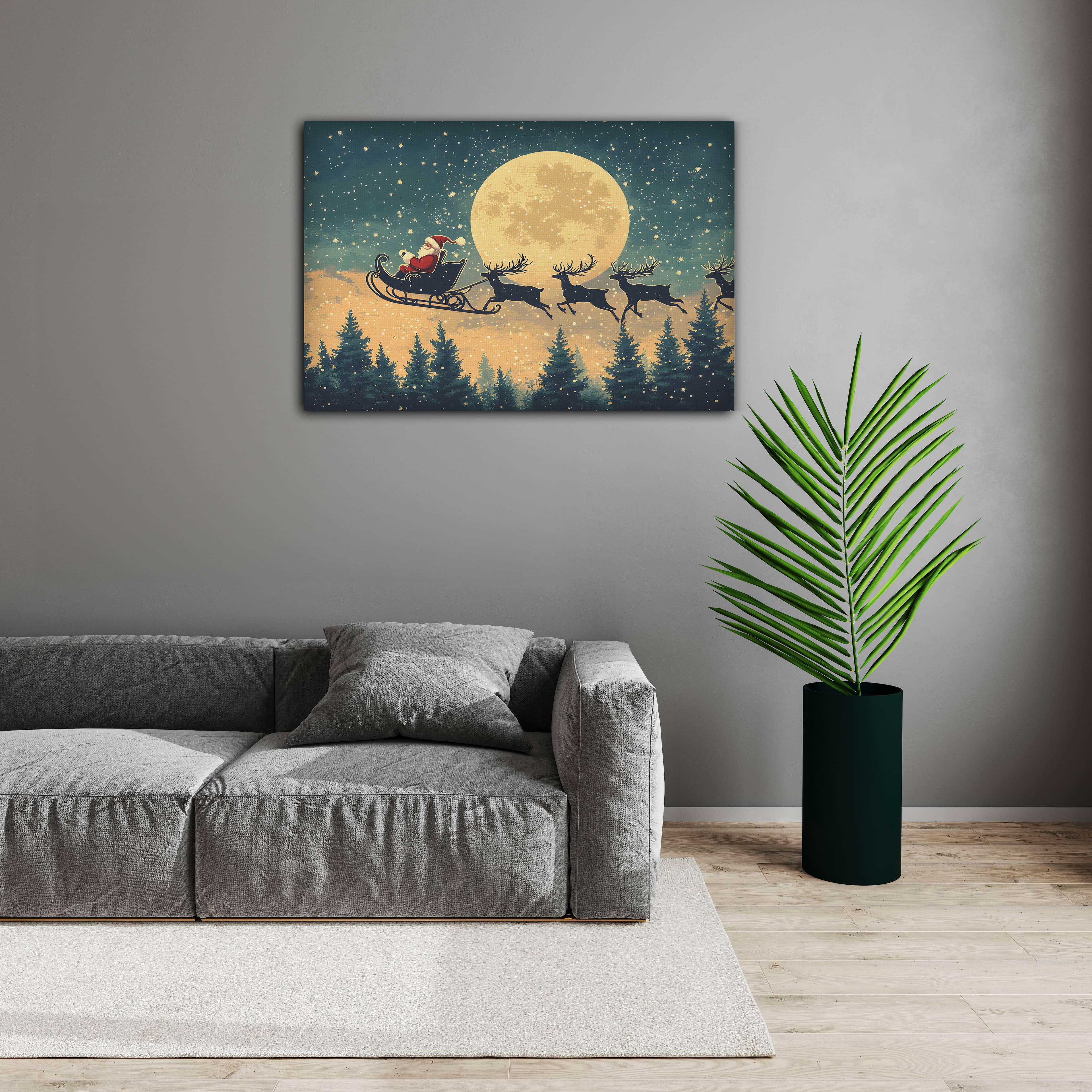 Dolunayda Noel Baba Kızağı Kanvas Tablo